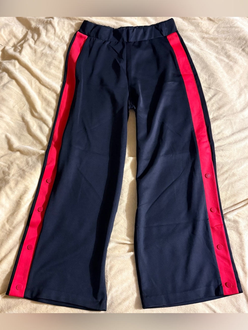 ZARA Black Track Pants With Red Stripe Snap Button Size Large L Wide Leg Flared